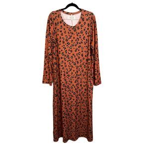 Now N Forever Rust Leo Print Maxi Dress Womens 2X Plus Brown Long Sleeve Casual